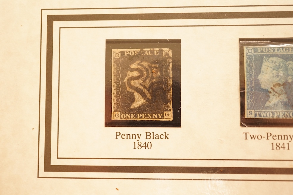 A collection of six 19th century stamps to include 1840 First Edition Two-Penny Blue, 1841 Two-Penny Blue in unused condition, 1841 used Two-Penny Blue, 1840 used Penny Black, 1841 Imperforate Penny Red and 1858-1870 Per